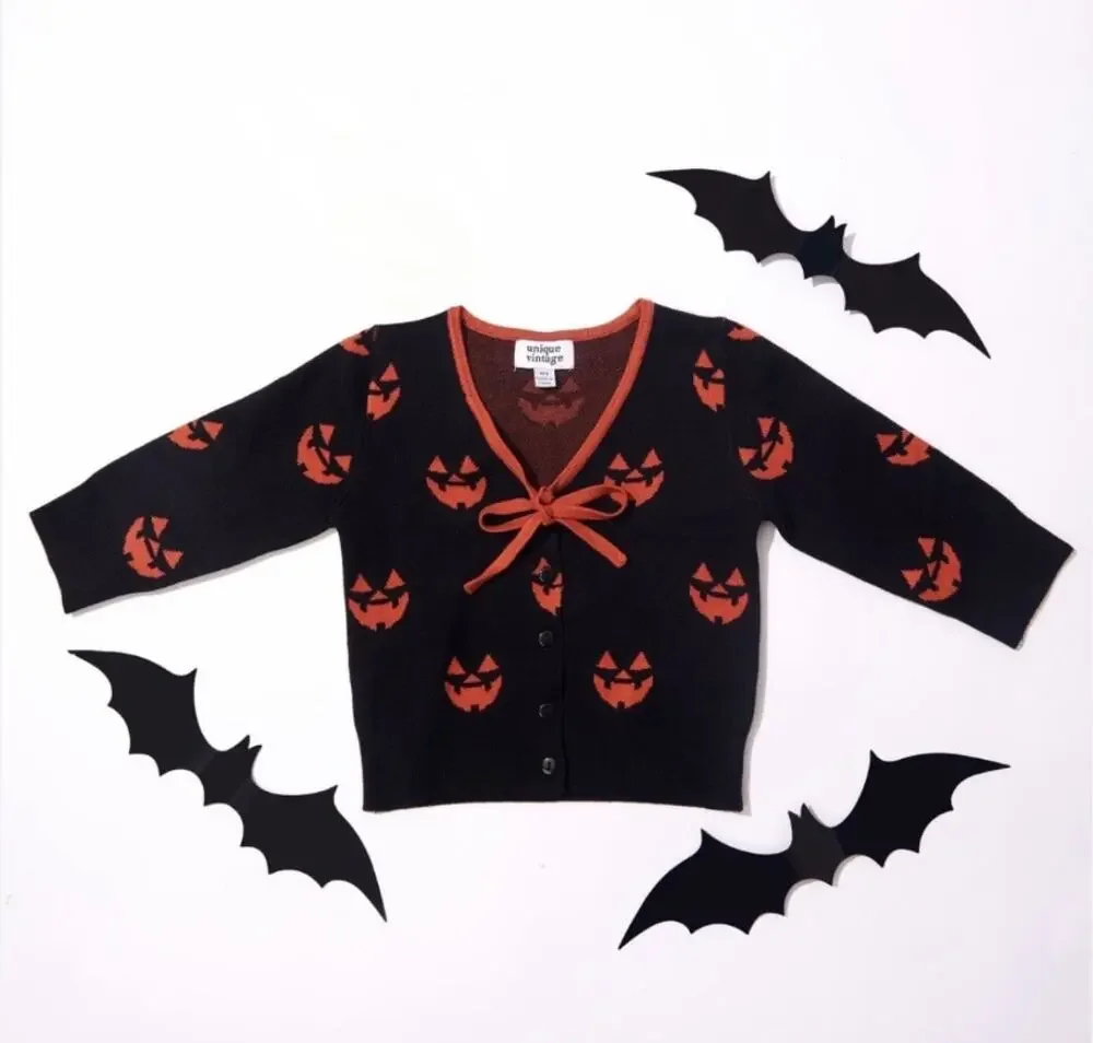 Unique Vintage Black Jack O Lantern Pumpkin Kids Crop Cardigan One Size NWOT